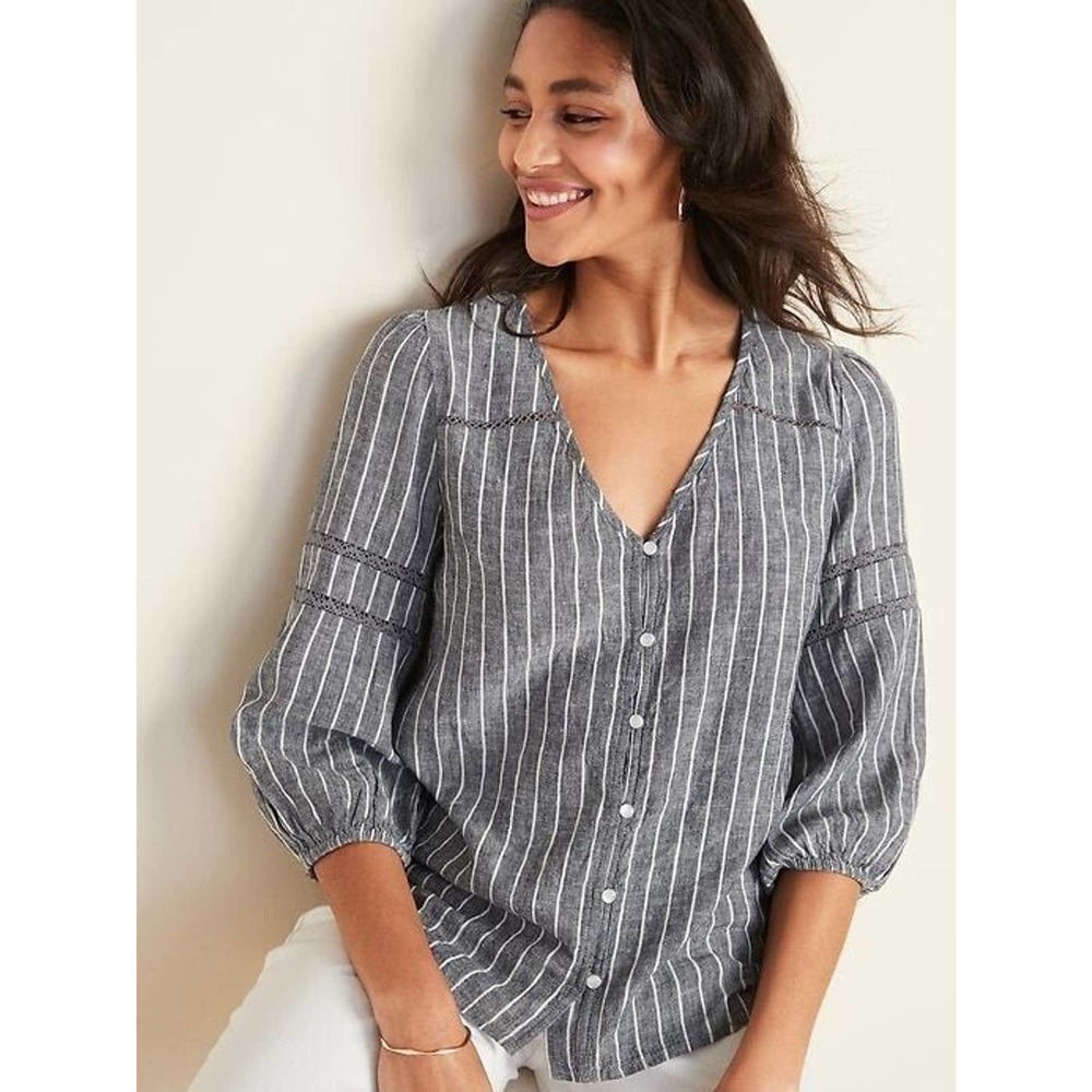 Old Navy Size XS‎ Women's Striped Linen-Blend Button-Front Top Lace Trim Blue